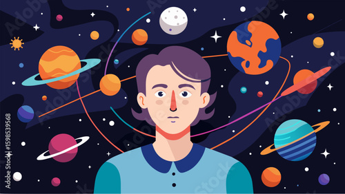A digital collage featuring a selfportrait surrounded by galaxies planets and constellations that represent the artists personal journey and growth.. Vector illustration