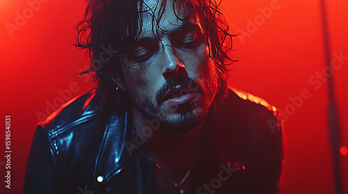 Brooding Musician in Red and Blue Light
