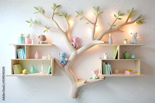 Playful Pastel-Colored Tree Branch Bookshelf with Floating Corner Shelf – Kids’ Books & Plush Toys, 8K Ultra-Detailed Dreamy Lighting on White