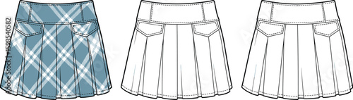 Pleated plaid skirt fashion illustration, front and back technical views, stylish women’s clothing design, sewing pattern reference, garment sketch