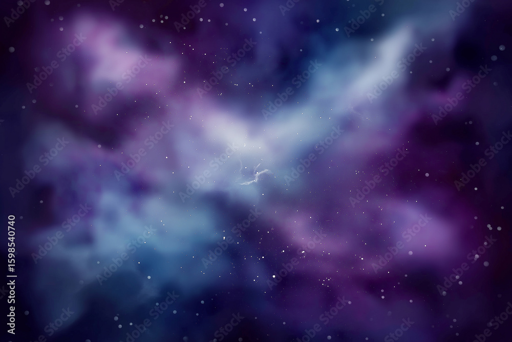 Fototapeta premium Ethereal cosmic nebula texture in deep purples and blues with scattered stars and dreamy galactic atmosphere