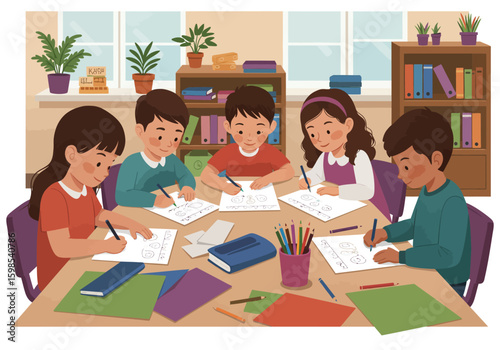 Five children are seated around a table, diligently writing on papers with pencils in a classroom setting.