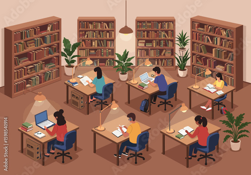A brightly colored isometric view of a library with numerous students studying at individual desks.