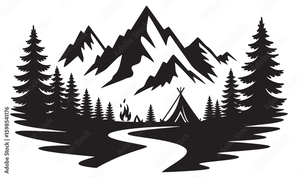 Obraz premium Black silhouette of mountain landscape with campfire and tent black and white nature