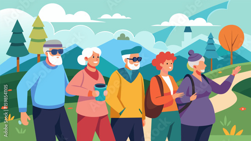 A group of seniors enjoy a scenic countryside walk while engaging in a lively discussion about their dream travel destinations in a VR session.. Vector illustration