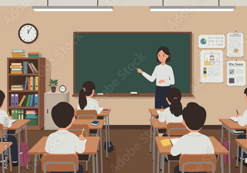 A teacher instructs students in a classroom setting, with desks, blackboard, and educational posters visible.