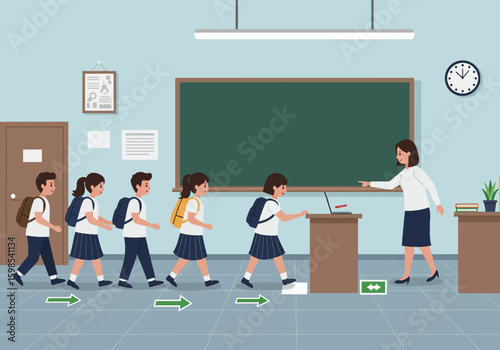 Elementary school students in a classroom, lined up and walking to a teacher at a desk, following directional arrows.
