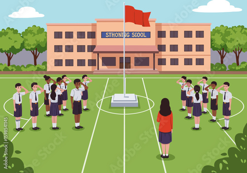 School children in uniform stand at attention during a flag ceremony in front of a school building.
