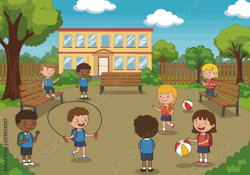 Children playing games in a schoolyard on a sunny day.