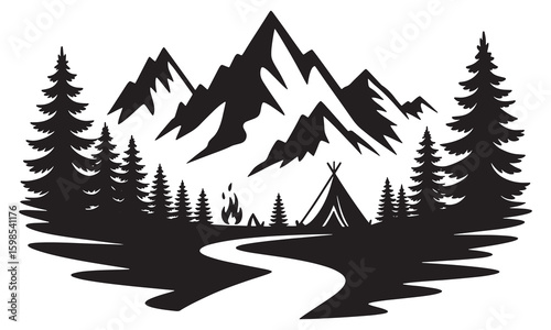 Black silhouette of mountain landscape with campfire and tent black and white nature