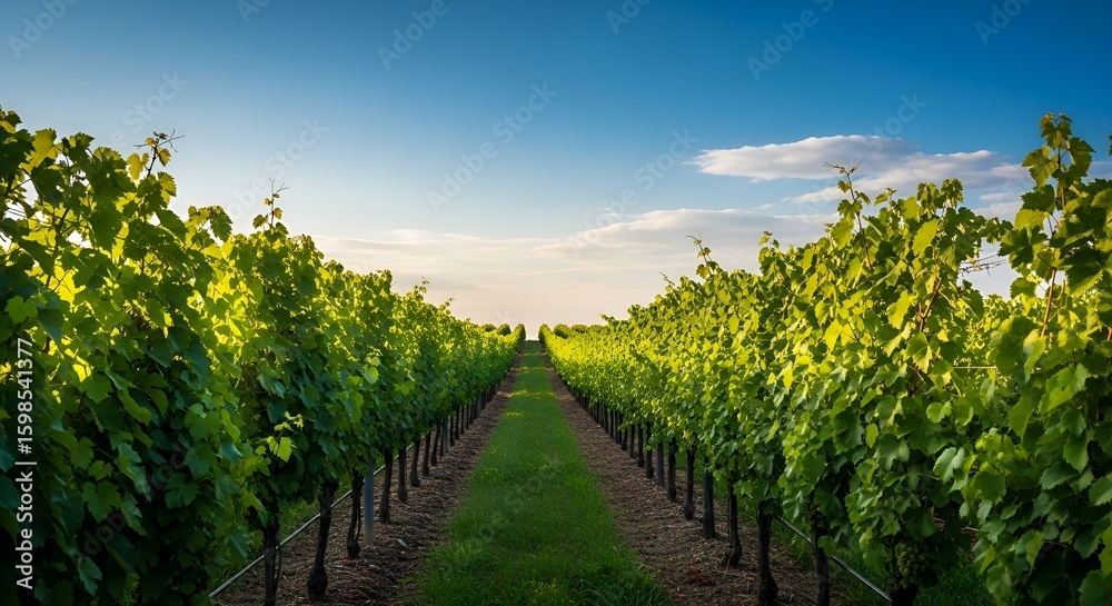 Fototapeta premium Rows of grape vines stretch into the distance under a bright blue sky in a vineyard.