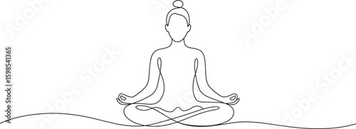 Minimalist continuous line drawing of a person meditating in lotus pose yoga meditation
