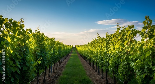 Rows of grape vines stretch into the distance under a bright blue sky in a vineyard.