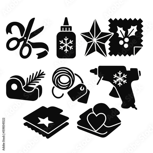 Christmas Crafting Icons. Solid style icons of Christmas crafting materials: scissors with ribbon, glitter glue bottle, folded