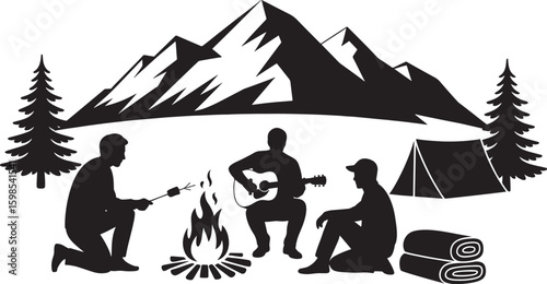 Silhouette of people camping by a campfire with mountains and trees vector