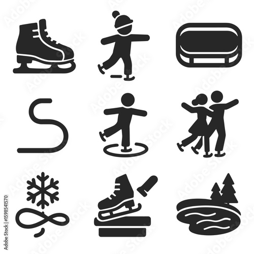Ice Skating Fun Icons. Solid style icons of ice skating and rink fun: ice skate pair, child learning to balance, rink boundary