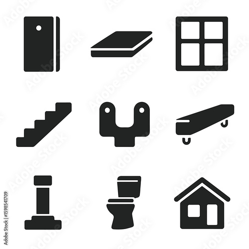 Prefabrication Icons Set. Solid style icons of prefabrication and modular elements: wall panel, roof slab, window frame, prefab