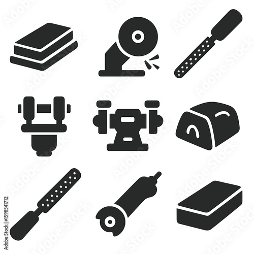 Sharpening Tools Icons. Solid style icons of sharpening and grinding tools: sharpening stone, grinding wheel, file, honing guide,