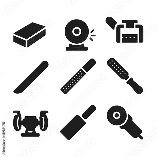 Sharpening Tools Icons. Solid style icons of sharpening and grinding tools: sharpening stone, grinding wheel, file, honing guide,