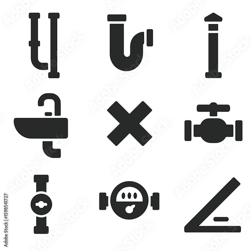 Plumbing Layout Icons. Solid style icons of plumbing layout drawings: water supply line, drainage pipe, vent stack, plumbing