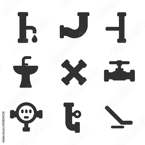 Plumbing Layout Icons. Solid style icons of plumbing layout drawings: water supply line, drainage pipe, vent stack, plumbing
