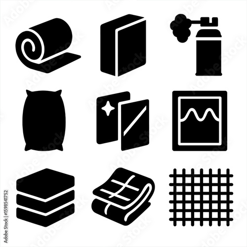 Insulation Material Icons. Solid style icons of insulation and thermal materials: fiberglass roll, foam board, spray foam canister