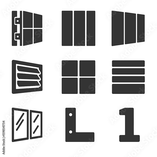 Modern Facade Icons. Solid style icons of modern facade systems: ventilated facade, cladding panel, rainscreen system, louver