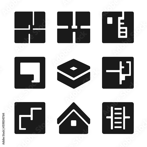Multi-Level Plans Icons. Solid style icons of multi-level plan visualization: ground floor plan, first floor plan, second floor