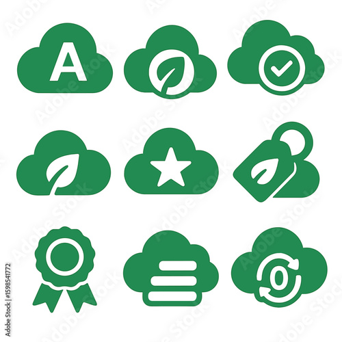 Eco-Rating Cloud Icons. Solid style icons of eco-rating clouds: A-rated cloud, green score cloud, efficient cloud badge, carbon