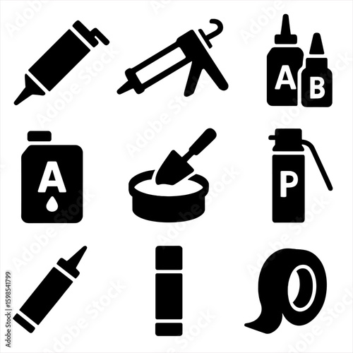 Sealant Icons Collection. Solid style icons of sealants and adhesives: silicone tube, caulk gun, construction adhesive, epoxy