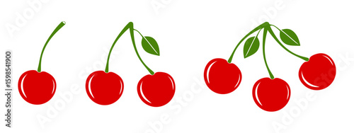 Cherry vector set. Cartoon red cherries isolated on white background. Cute ripe berry with green leaves for packaging, summer designs. Healthy eating concept. Colored flat vector illustration