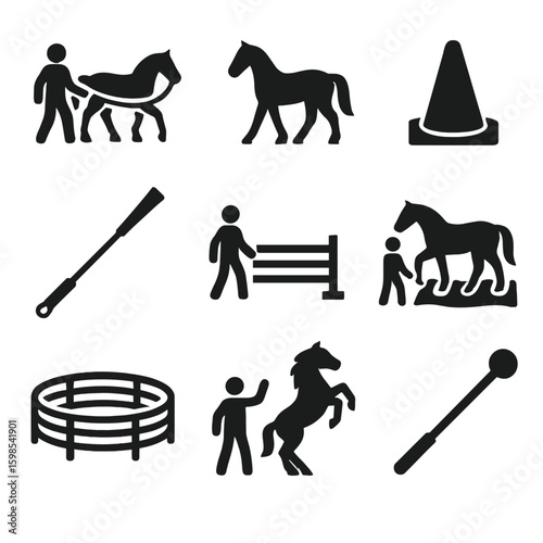 Horse Training Icons. Solid style icons of horse training activities: lungeing horse, groundwork icon, training cone, riding crop,