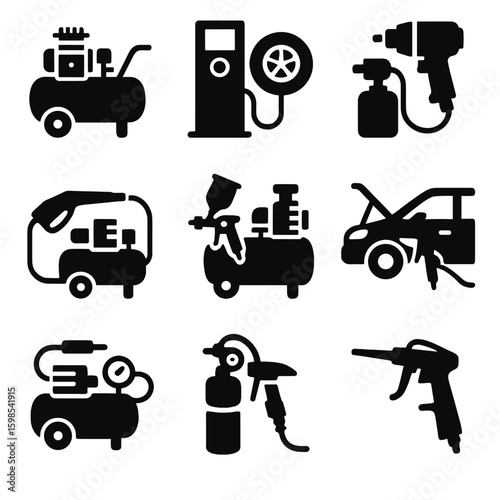 Automotive Compressor Icons. Solid style icons of automotive and garage compressors: car workshop compressor, tire filling station