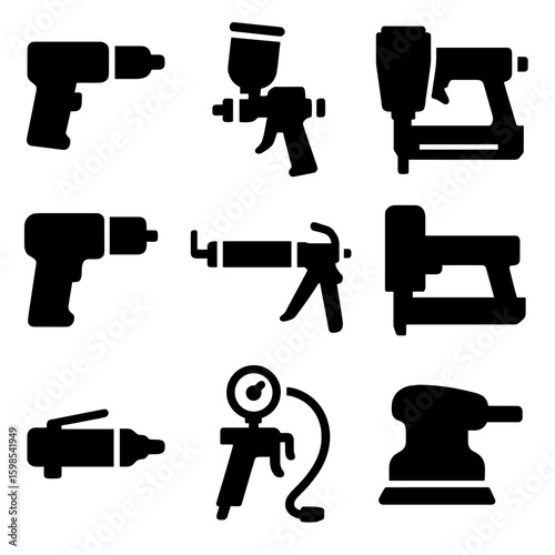 Air Tool Icons. Solid style icons of air tool compatibility: pneumatic drill, spray gun, nailer, air wrench, caulking gun, stapler