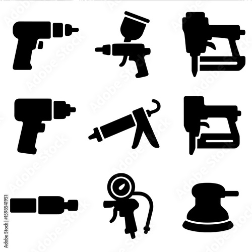 Air Tool Icons. Solid style icons of air tool compatibility: pneumatic drill, spray gun, nailer, air wrench, caulking gun, stapler