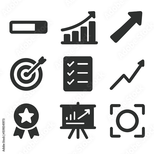 Icons of Business Growth. Solid style icons of productivity and business growth: progress bar, growth chart, rising arrow, goal