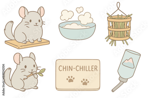 Cartoon icons in pastel tones for chinchillas: sitting pet, dust bath, feeder, chill pad, nibble twig, and bottle. Transparent background, clean style.