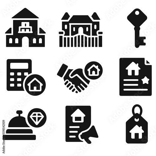 Luxury Real Estate Icons. Solid style icons of luxury and high-value real estate: luxury villa icon, gated mansion, penthouse key,