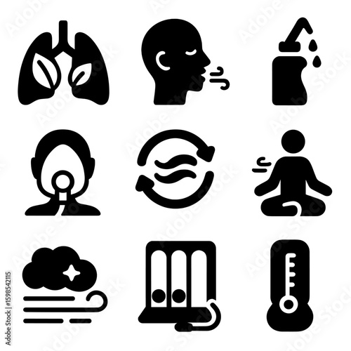 Respiratory Wellness Icons. Solid style icons of breathing and respiratory wellness: lung with leaf, deep breath icon, breath