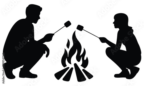 Two people silhouettes roasting marshmallows over a campfire vector