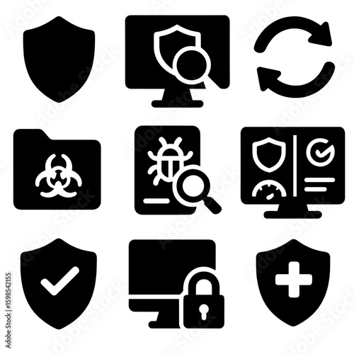 Antivirus Icon Collection. Solid style icons of antivirus and protection software: antivirus shield, scanning screen, software