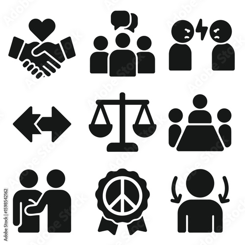 Conflict Resolution Icons. Solid style icons of conflict resolution in teams: shaking hands with heart, mediation symbol,