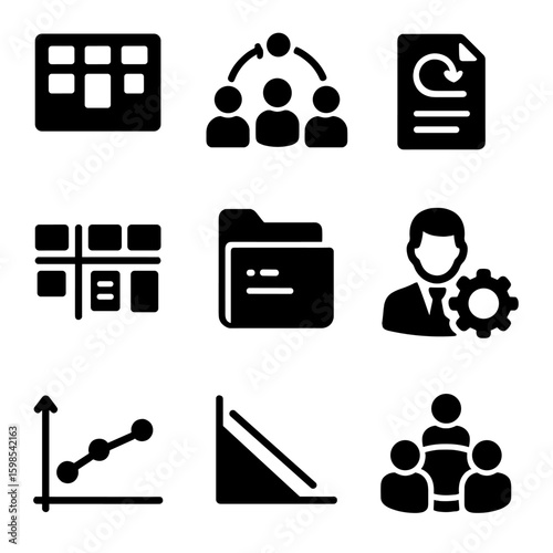 Solid Agile Icons. Solid style icons of agile teamwork: agile board, daily standup icon, sprint planning file, kanban columns,