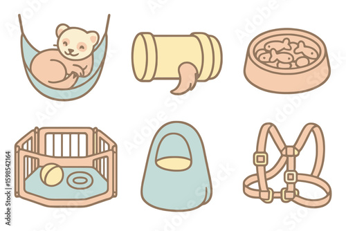 Hand-drawn ferret and accessories in cute pastel style. Ideal for UI kits, pet shops, and stock illustrations. Clean line art and no background.