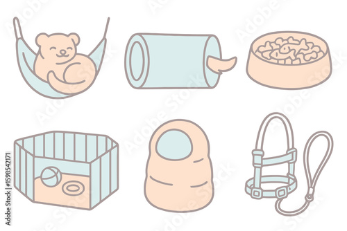 Cartoon pastel icons for ferret lovers: curled ferret, tunnel, bowl, playpen, sleeping bag, and leash. Transparent background and soft tones.