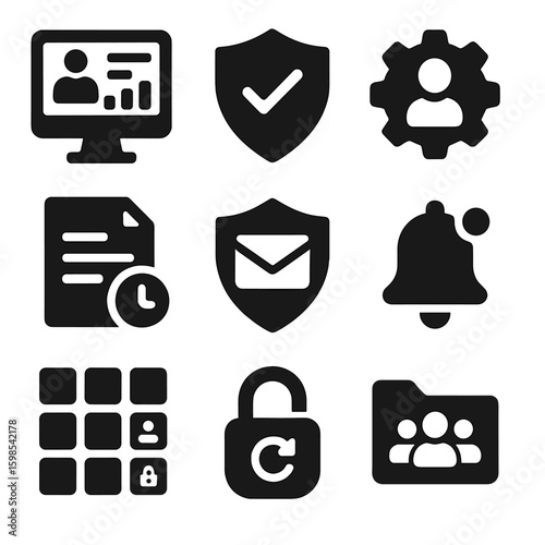 Admin Control Icons. Solid style icons of admin control and monitoring: admin dashboard icon, permission control shield, security