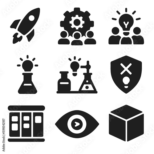 Innovation Icons Set. Solid style icons of innovation in teams: idea rocket, innovation process gear, tech brainstorm icon,