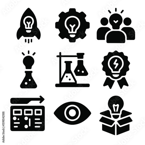 Innovation Icons Set. Solid style icons of innovation in teams: idea rocket, innovation process gear, tech brainstorm icon,