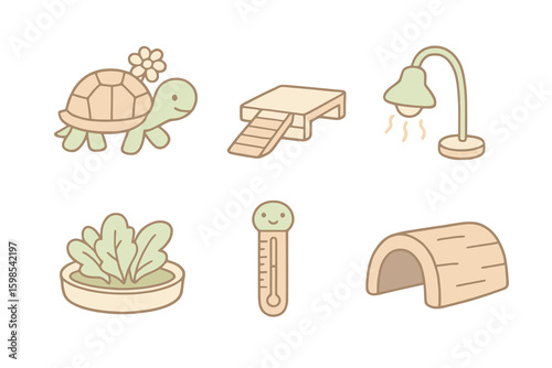 Pastel cartoon icons for turtle care: turtle, basking platform, food dish, lamp, thermometer, and hideout. Transparent background, soft hand-drawn style.