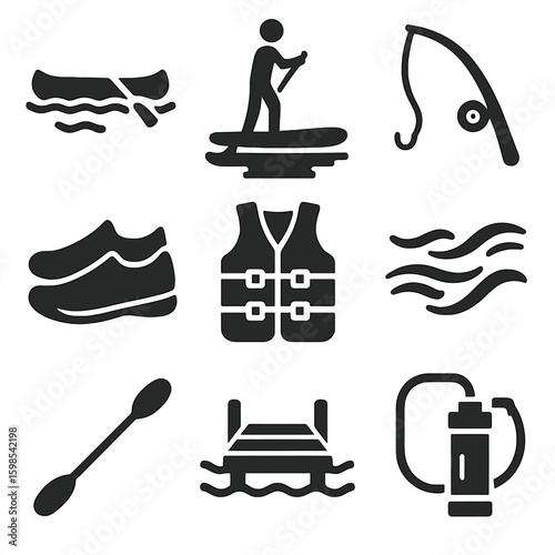 Water Activity Icons. Solid style icons of water activities in nature: canoe on lake, paddleboard icon, fishing pole with reel,
